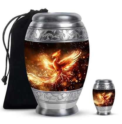 Phoenix Bird, Male & Female Urns, Combo of 1 Large Urn with Velvet Bag and 1 Small Keepsake, Memorial Urns, Funeral Urns, Cremation Urn for Human Ashes, Burial Urn, Keepsake Urns for Adult - size: 1 Large Urn (10inch)+1 Keepsake (3inch)
