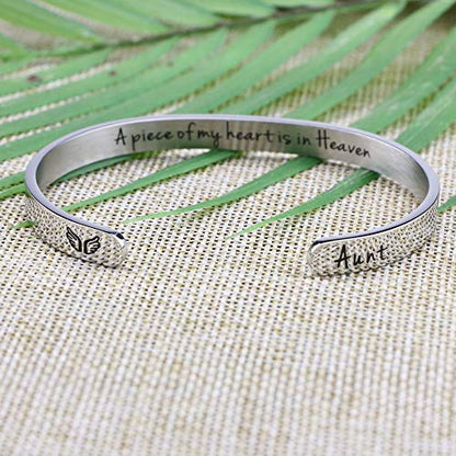 Memorial Gifts for Loss of Mom Dad In Memory of Jewelry Sympathy Bracelet | Bereavement Cuff Secret Message Engraved Grief Gifts for Women - style: Aunt Memorial-A piece of my heart is in heaven