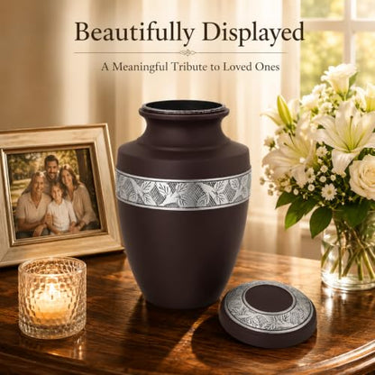 Cremation Urn for Human Ashes, Male-Female 11 in. H - Maroon - color: Maroon, size: Hand-Etched Leaf - 7x11"
