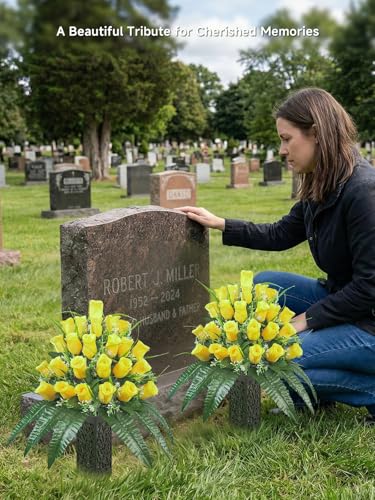 Mirevielyn 2-Pack 24-Stem Artificial Rose Cemetery Flowers with Vases - color: Yellow (Warm Memory)