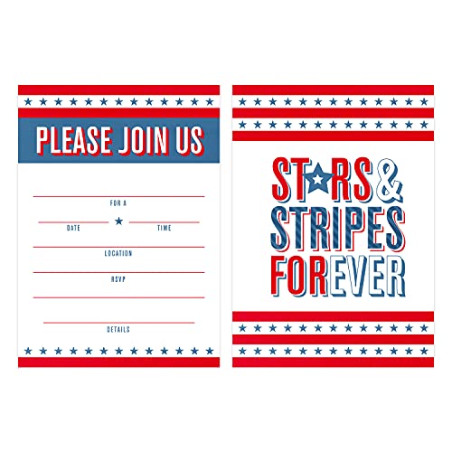 Canopy Street Patriotic 4th Of July Party Invitation / 25 Fill in the Blank Red White Blue Themed Event Invites With Envelopes / 5" x 7" Independence Day Invitations/Made In The USA - style: Stars and Stripes