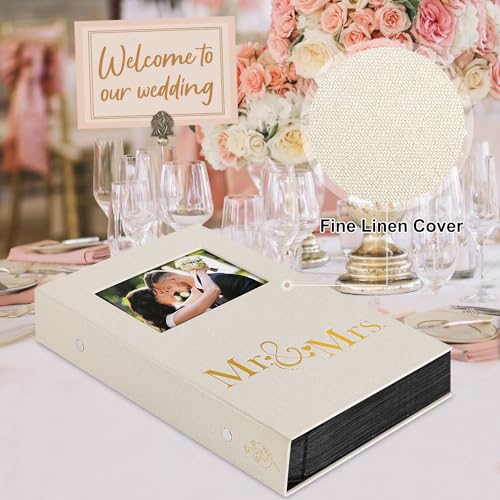 Lanpn Wedding Photo Album 4x6 300 Pocket Photos Slip in, Linen Cover Large Capacity Newlywed Marriage Window Album Hold 300 Horizontal Photos (Mr & Mrs, Beige) - color: Beige, size: 300 Photos