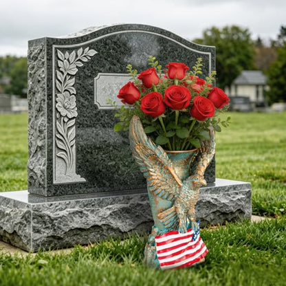 Cemetery Vase with Metal Spikes- Eagle Statue Flower Holder with Drainage Hole- Grave Flowers Vase for Artificial Flowers- Memorials Patriotic Vase for Independence Day (Eagle)