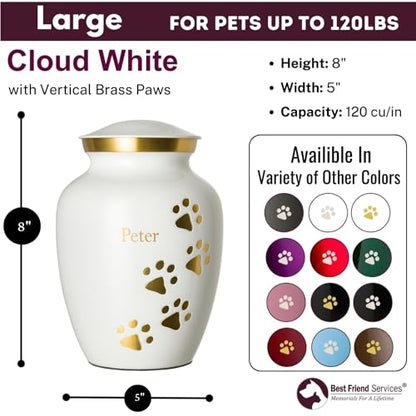 Ottillie Premier White/Brass/Vert Urn, up to 115lbs - color: Cloud White, Vertical Brass Paws, size: Large
