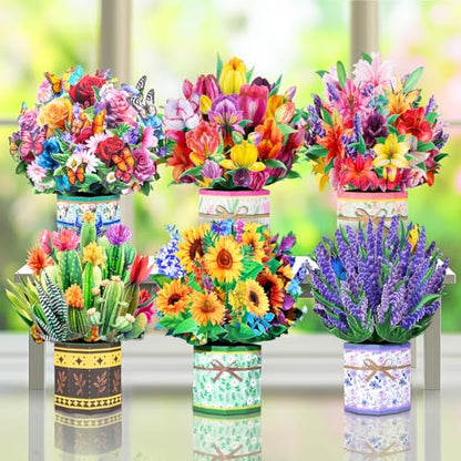 Pop Up Flower Bouquet Card Set for Women – 6 Unique 3D Floral Designs with Envelopes & Separate Blank Note Cards, Forever Rose, Sunflower, Tulip Gift for Mother's Day, Get Well, Birthday, All Occasions - style: Tulip, Sunflower, Roses, Lily, Lavender, Suc