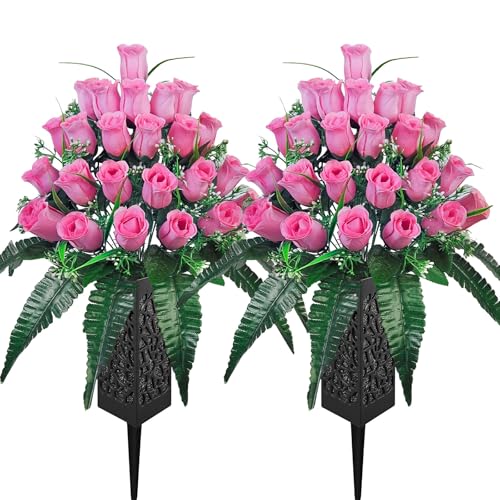 Mirevielyn 2-Pack 24-Stem Artificial Rose Cemetery Flowers with Vases - color: Pink (Soft Tone)