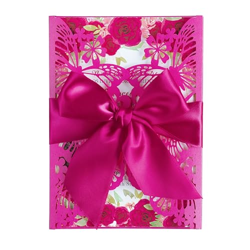 20 PCS Butterfly Quinceanera Invitation, Laser Cut Invitation Cards | 5.12x7.2" Fuchsia Butterfly Quinceanera Invitation with Envelopes for XV Anos Bridal Shower Baby Shower Invite - color: Fuchsia