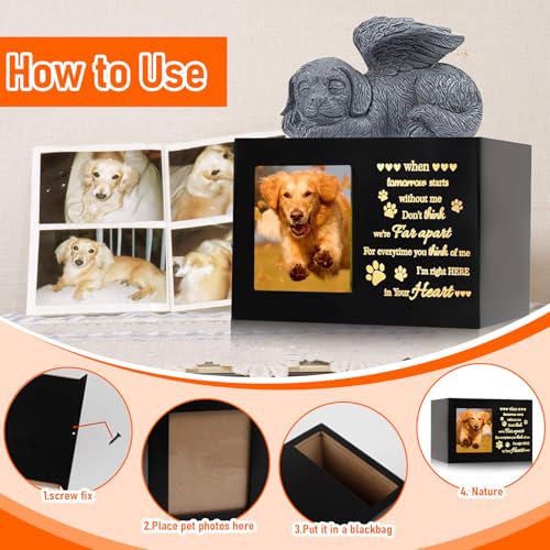 Pet Memorial Urns for Dog Ashes Box, Large Wooden Pet Dogs Urns with Dog Angel and Photo Frame, Memorial Keepsake Memory Box, Loss Pet Puppy Memorial Black Funeral Cremation Box Remembrance Gift