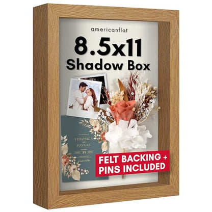 Americanflat 8.5x11 Shadow Box Frame with Shatter-Resistant Glass - Silhouette Collection - Large Shadow Box Display Case for Tabletop and Wall Display - Dark Oak with Soft Felt Back | Shatter-resistant glass, 1.5 inch interior depth, hangs vertical or ho