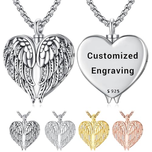 Angel Wings Necklace 925 Sterling Silver Guardian Angel Nurse RN Caduceus Pendant Charm Crystal Angel Jewelry Gifts for Women - style: E-Angel Wings Urn (Personalized)