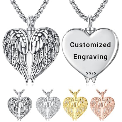 Angel Wings Necklace 925 Sterling Silver Guardian Angel Nurse RN Caduceus Pendant Charm Crystal Angel Jewelry Gifts for Women - style: E-Angel Wings Urn (Personalized)