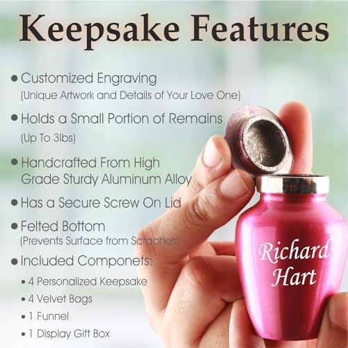 The Loving Memorial Small Keepsake Urns for Human Ashes Set of 4 - Mini Cremation Urns with Velvet Pouches and Gift Box - Pink Rose Engraved Sharing Memorial Urns