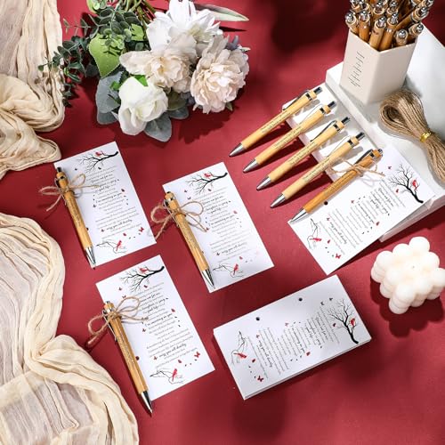 100 Set Memorial Funeral Favors Include Cardinal Prayer Cards and Bamboo Ballpoint Pens Funeral Pocket Token for Guest Sympathy Remembrance Gifts for Loss of Loved One