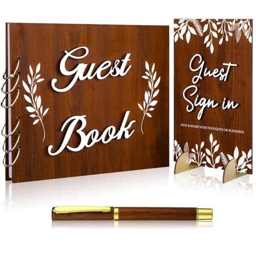 Spakon 3 Pcs Wooden Wedding Guest Book with Sign and Pen, Rustic Album