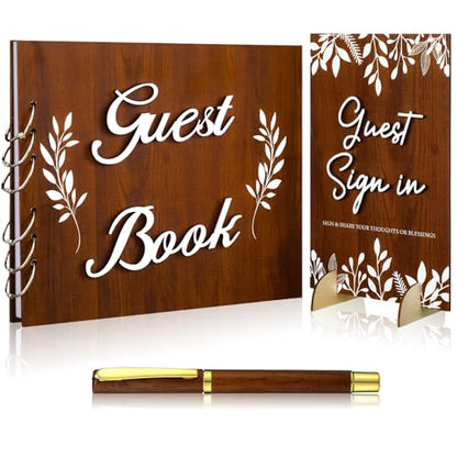 Spakon 3 Pcs Wooden Wedding Guest Book with Sign and Pen, Rustic Album
