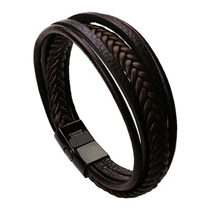 Mens Leather Bracelet with Clasp Cowhide Multi-Layer Braided Leather Mens Bracelet - style: brown leather&black clasp&7.0