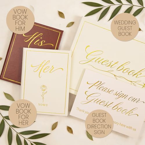 Wedding Vow Books His and Hers with Guest Book & Table Sign Set - color: Beige & Brown