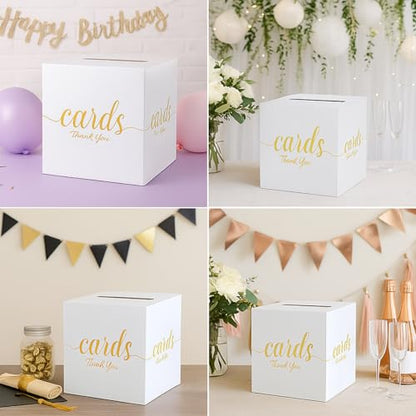 White and Gold Card Box for Party Graduation, Baby Bridal Shower, Birthday, Funeral, Wedding 7.8 x 7.8 x 7.8 In Gift Card Holder Box for Reception Raffle Voting Box with Slot - color: WhiteGoldTks