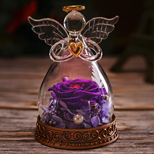 Preserved Real Rose in Glass Angel Figurine with LED Light, Angel Gifts for Women, Mom, Grandma on Mother's Day Christmas Birthday (Purple) - color: Purple