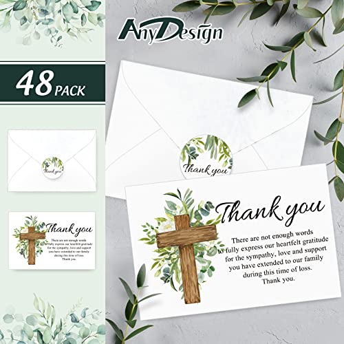 AnyDesign 48Pcs Funeral Thank You Cards Sympathy Thank You Cards with Stickers Envelopes Watercolor Greenery Cross Bereavement Card with Message for Memorial Service Loved Ones Celebration of Life