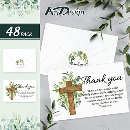 AnyDesign 48Pcs Funeral Thank You Cards Sympathy Thank You Cards with Stickers Envelopes Watercolor Greenery Cross Bereavement Card with Message for Memorial Service Loved Ones Celebration of Life