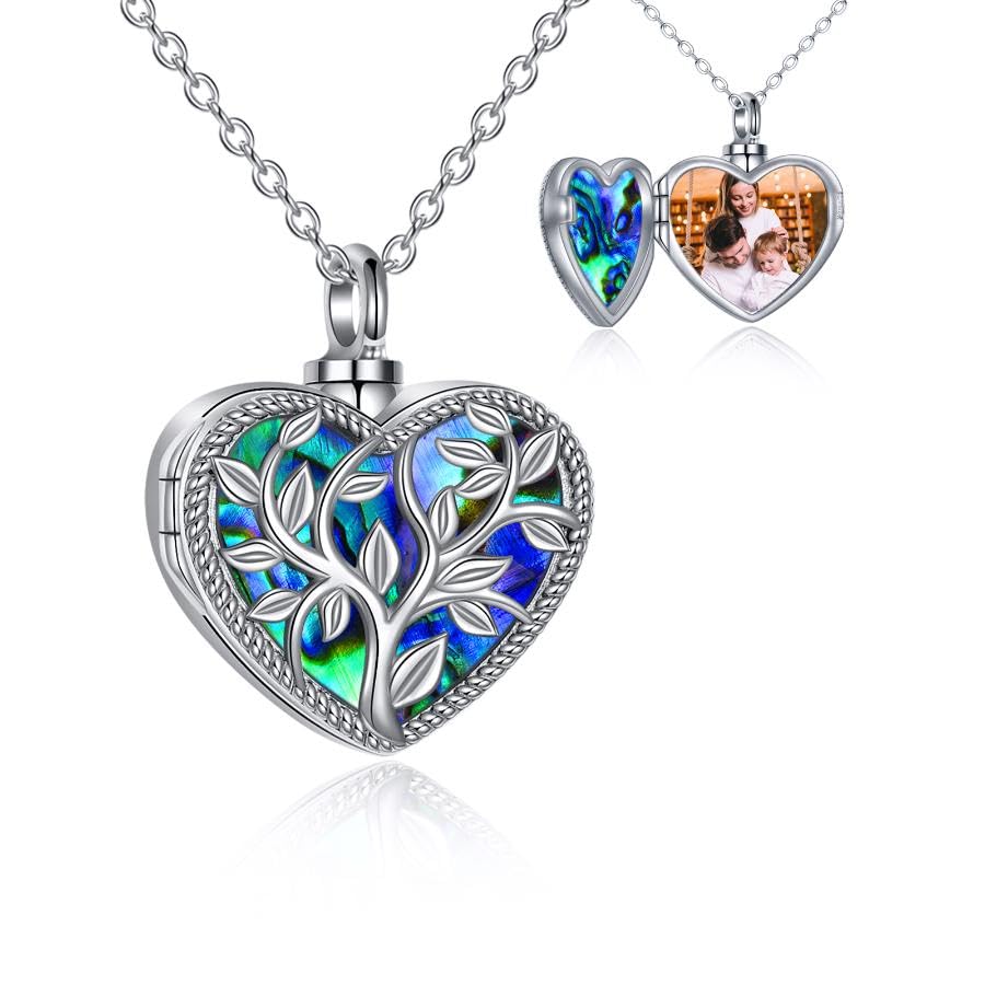 ONEFINITY Cremation Urn Necklace for Ashes Sterling Silver Abalone Shell Tree of Life Locket Necklace That Holds Pictures Heart Cremation Keepsake Memorial Ash Jewelry for Women Men - style: photo locket heart urn necklace