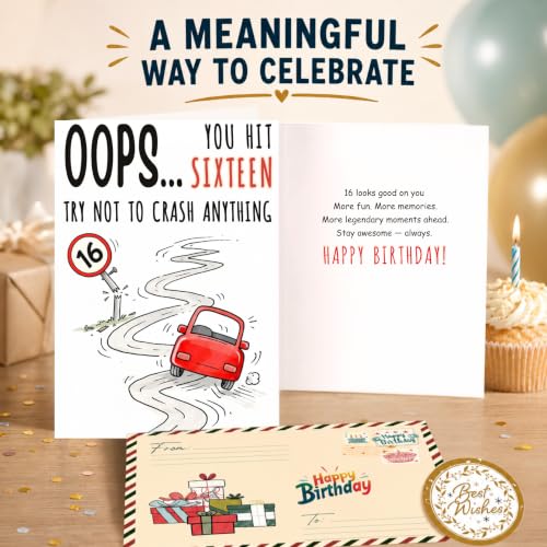 16th Birthday Card, Sweet 16 Birthday Card for Girls Boys, Sweet 16 Cards with Seal and Envelope, Happy 16th Birthdayy Cards from Family Friend Mom Dad Grandma Aunt Sister Brother - color: 16th