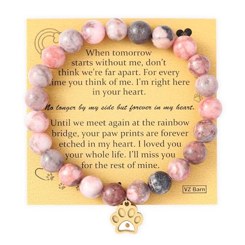 VZBarn Memorial Gifts for Loss of Pet’s Mom Pet Keepsake Dog Cat Paw Charm Natural Stone Bracelet Remembrance Gift for Women - color: Pink Golden