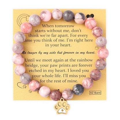 VZBarn Memorial Gifts for Loss of Pet’s Mom Pet Keepsake Dog Cat Paw Charm Natural Stone Bracelet Remembrance Gift for Women - color: Pink Golden
