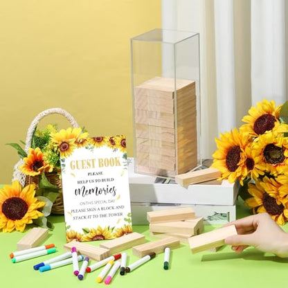 Beeveer 80 Pcs Wedding Guest Book Alternative Wooden Block Guest Book for Wedding Sign in Bridal Shower Decoration 54 Pcs Wooden Block Bridal Shower Game for Sign in, Reception(Sunflowers) - style: Sunflowers