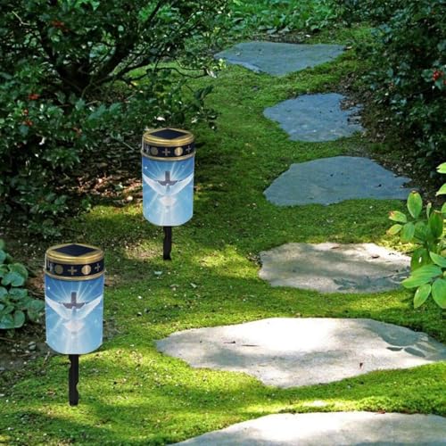 Poceacles Cross Outdoor Solar Lights - Waterproof Grave Stake Lights - Solar Powered Lantern - Blue Dove of Peace Cross - color: Dove of Peace Cross Blue