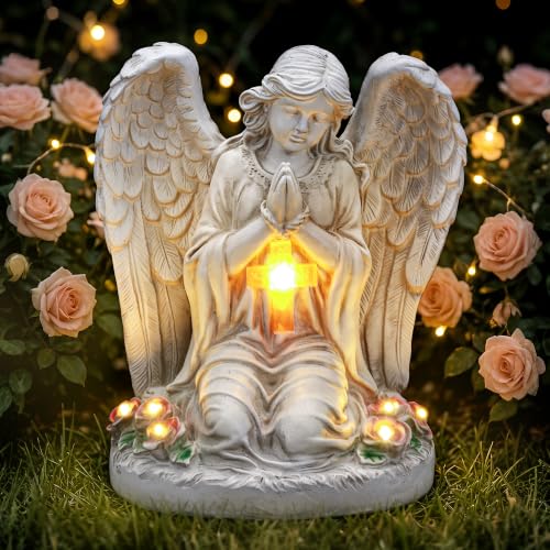 Solar Angel Garden Statues with Cross and 6 LED Lights, Solar Outdoor Decor for Patio, Balcony, Yard, Cemetery, Waterproof Praying Angel Figurines, Lawn Ornaments Gifts for Women, Mom, Grandma - color: White Angel