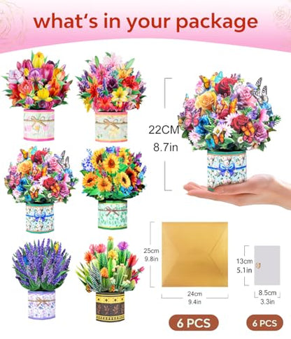 Pop Up Flower Bouquet Card Set for Women – 6 Unique 3D Floral Designs with Envelopes & Separate Blank Note Cards, Forever Rose, Sunflower, Tulip Gift for Mother's Day, Get Well, Birthday, All Occasions - style: Tulip, Sunflower, Roses, Lily, Lavender, Suc
