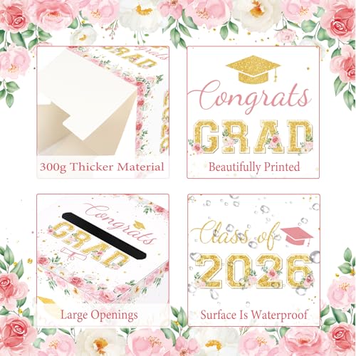 Floral Graduation Card Box 2026, Pink Flower Congrats Grad Card Holder Box, Graduation Party Money and Gift Card Box, Foldable Graduation Gift Grad Parties, 8.7 x 8.7 x 8.7 Inch - color: Pink Flower