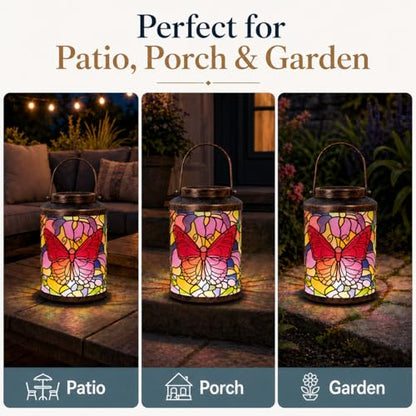 Solar Lanterns Outdoor Waterproof Butterfly Metal Hanging Light | Metal butterfly LED lantern with handle for hanging decor on patio, yard, porch, pathway and garden, gifts for women and mom - style: Butterfly