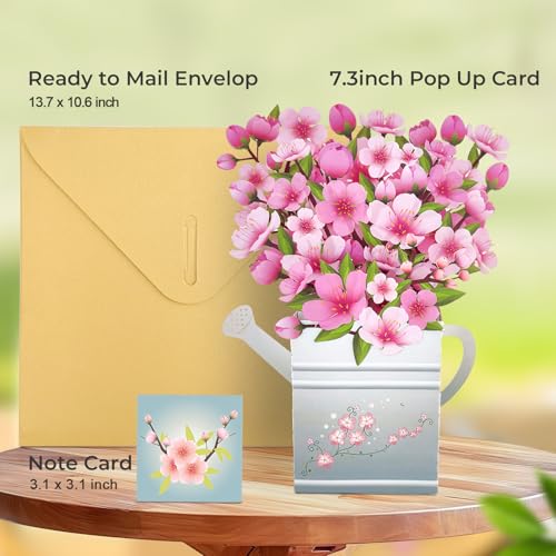 Pop Up Flowers Bouquet Birthday Card for Women | Romantic Gifts for Women, 3D Box Greeting Card with Cherry Blossom Bouquet in Watering Can for Anniversary, Valentine's Day - color: Cherry Blossom Watering Can