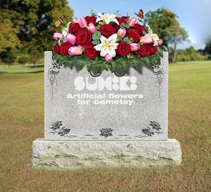 Artificial Cemetery Flowers - Headstone Flower Saddle，Non-Bleed Colors, and Easy Fit - Pink Tulip，White Lily and Red Rose Bouquet