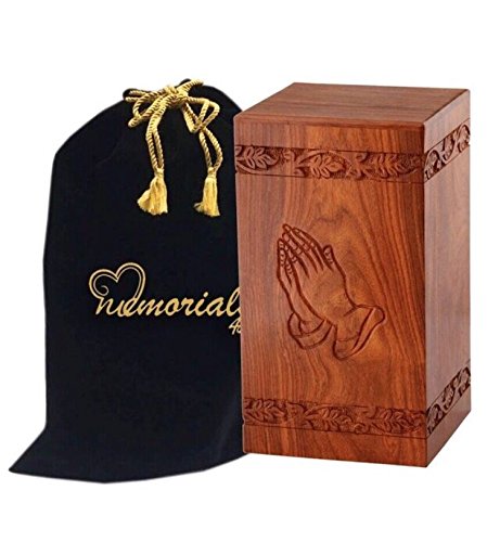 Memorials4u Solid Rosewood Cremation Urn with Hand-Carved Real Tree Design for Human Ashes - Adult Funeral Urn Handcrafted and Engraved - Affordable Urn for Ashes - Wood Urn (Praying Hand) - color: Praying Hand