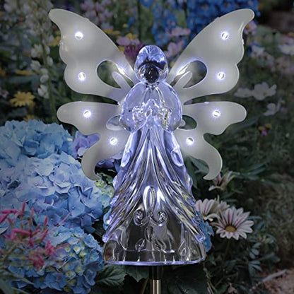 Exhart Garden Solar Lights, Decorative Angel Garden Stake, 13 LEDs, Cute Yard and Pathway Decor, White, 7 x 40 Inch - size: Large