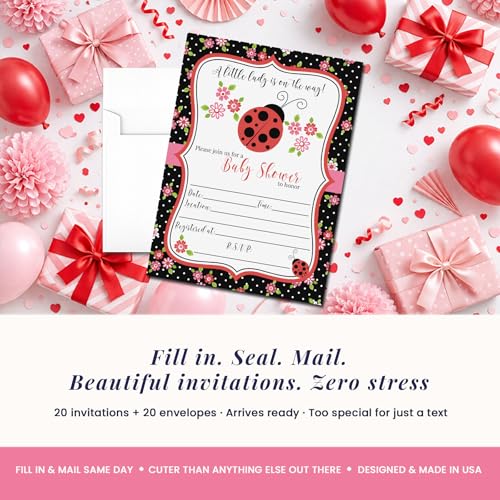 Amanda Creation Ladybug Baby Shower Invitations, 20 Fill-In 5x7 Love Bug Baby Shower Invitation Double-Sided Red Ladybug Theme Invite Cards with White Envelopes - style: Red Ladybug