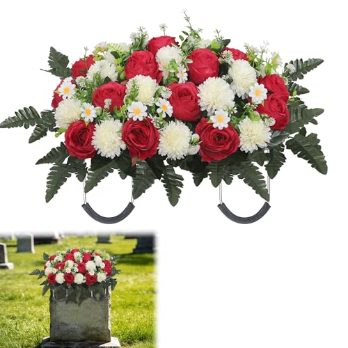 Wocst Cemetery Flowers for Graves Cemetery Saddles for headstones Silks Grave Roses for Outdoor Grave Decorations Weatherproof,NO-Fading - color: Red