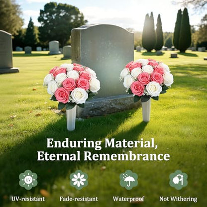 Lewondr Artificial Cemetery Flowers with Vase for Grave, Pink Roses, 2 Pack - color: White+pink