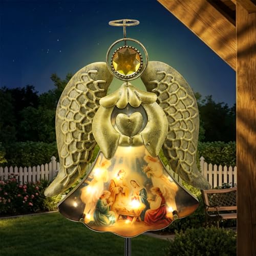 Solar Angel Garden Stake 32in Gold Iron Memorial Light Outdoor | Waterproof、Warm White LED、Dusk-to-Dawn Sensor、Cemetery Decor、Sympathy Gift for Mom/Women - color: Golden Angel Holding a Heart