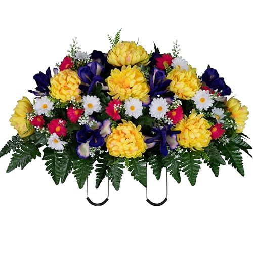 Sympathy Silks 30" Spring Headstone Flowers Saddle - Purple Iris, Yellow Mum, Daisies - Grave Flowers - Mother's Day Spring Flowers
