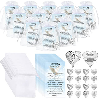 Inbagi 100 Sets Memorial Angel Sign Coins Set Funeral Pocket Token Heart Pocket Hug Coins Poem Cards Organza Gift Bags Celebration of Life Favors Funeral Memorial Gifts for Guest Family Church