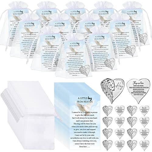 Inbagi 100 Sets Memorial Angel Sign Coins Set Funeral Pocket Token Heart Pocket Hug Coins Poem Cards Organza Gift Bags Celebration of Life Favors Funeral Memorial Gifts for Guest Family Church