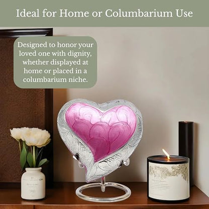 NORSE'S TRADECRAFT Heart Mini Urn for Ashes Adult Male, Female, 3 cu in | Memorial Gifts with Velvet Box & Stand, Handcrafted Cremation Urns for Human Ashes, Pets, Pink Heart with Floral Border