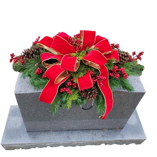 Headstone Saddle with Red Berries, Pinecones, and Red Velvet Ribbon - Christmas Memorial Decoration - Artificial Grave Flowers
