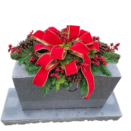 Headstone Saddle with Red Berries, Pinecones, and Red Velvet Ribbon - Christmas Memorial Decoration - Artificial Grave Flowers