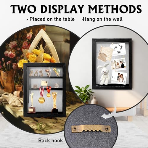 Shadow Box 14x11 Black Picture Frames Display Cases with LED Light,Memory Keepsakes Boxes with 4 Removable Trinket Shelf,for Anniversary Wedding Baby Graduates Memorial Collect-Distressed Retro - color: Black